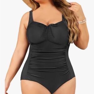Plus-Size Black One-Piece Swimsuit with Tummy Ruching and Tie Front